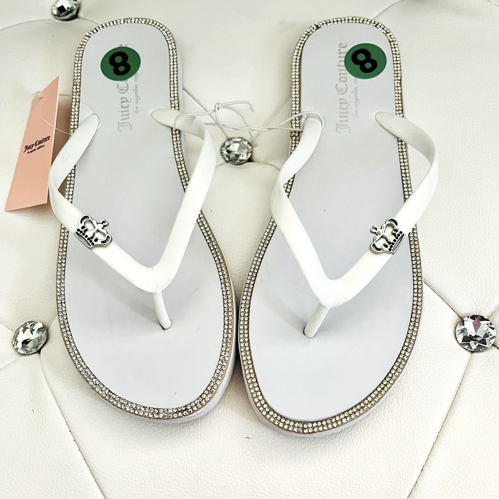 Juicy Couture Rhinestone Flip Flops – White, Size 8 ✨👑